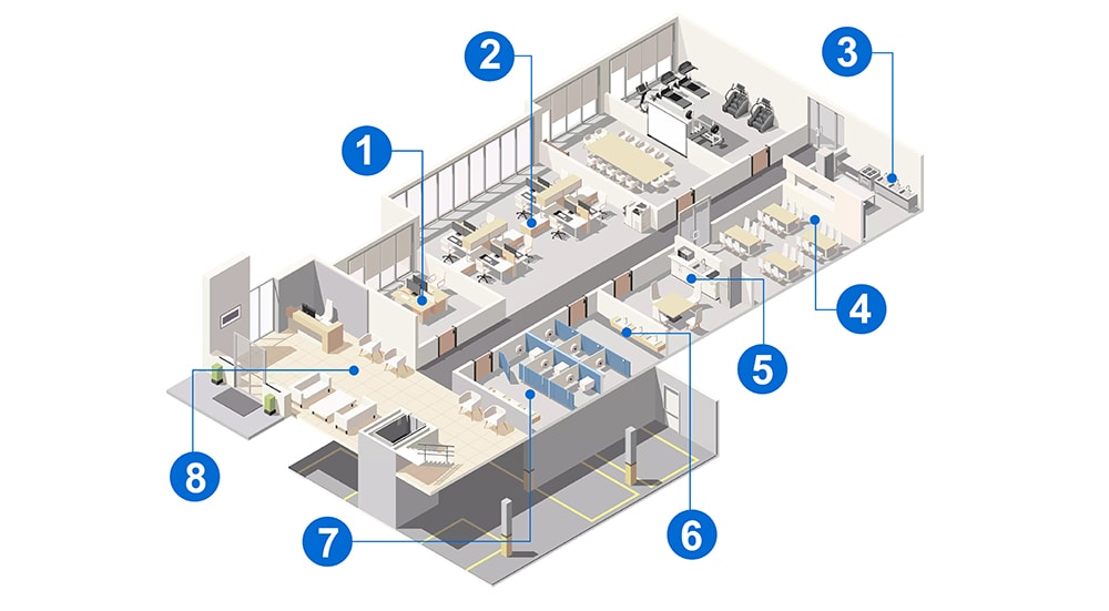 Facilities floor plan schematic with corresponding numbered descriptions.