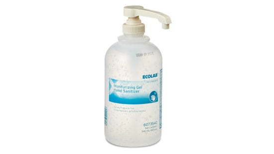 Ecolab moisturizing gel hand sanitizer 540mL disposacare bottle with plastic pump.