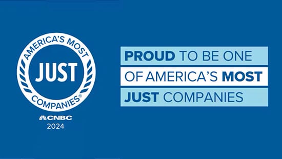 America's Most Just Companies 2024 logo. Proud to be one of America's most just compamies.
